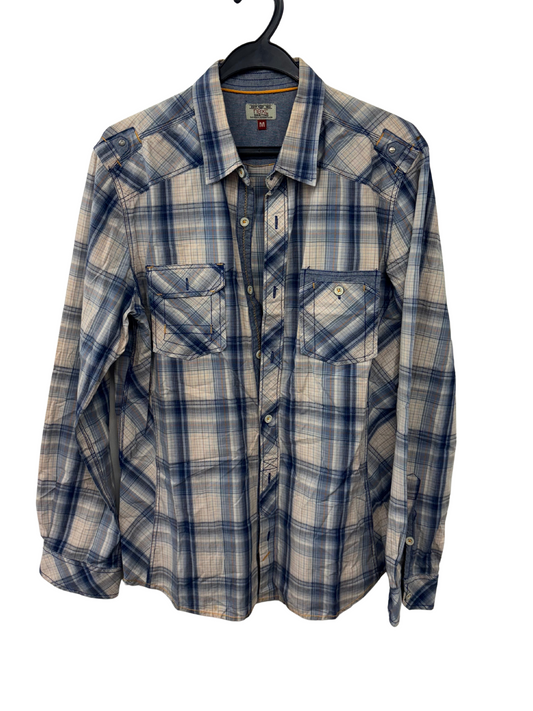 Cream & Blue Check Long Sleeve Button Up Shirt with Exaggerated Stitching