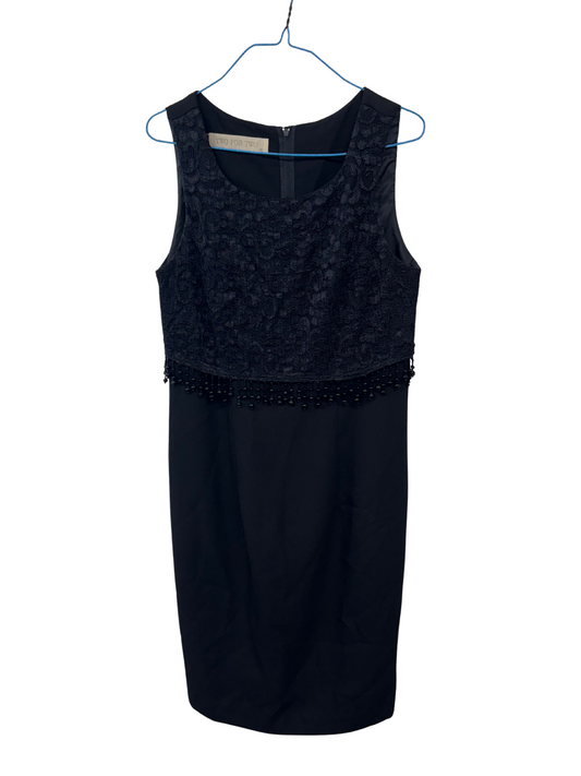 Vintage Black Fitted Knee Length Dress with Lace and Bead Overlay