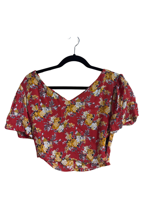 Red, Yellow & White Floral Print Short Sleeve Cropped Top