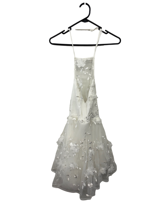 White Sleeveless Dress with Floral Tulle Overlay