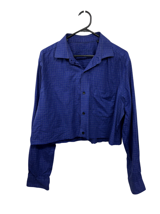 Blue & White Checkered Long Sleeve Cropped Button Up Shirt