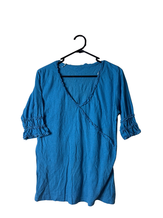 Blue & Grey Stripe 3/4 Sleeve V Neck Top