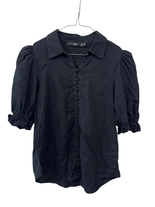 Black Short Sleeve Button Up Top with Collar
