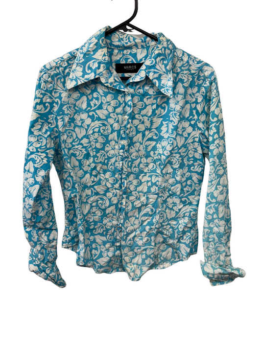 Blue & White Floral Print Fitted Long Sleeve Button Up Shirt