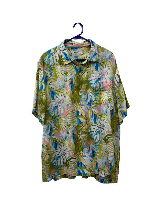 Green, Pink, Blue & White Short Sleeve Floral Button Up Shirt