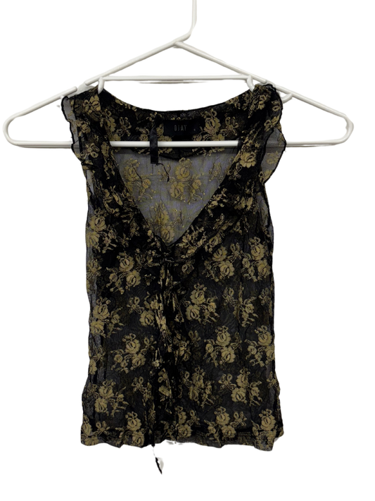 00s Gold & Black Lace Sleeveless Ruffle Neck Top