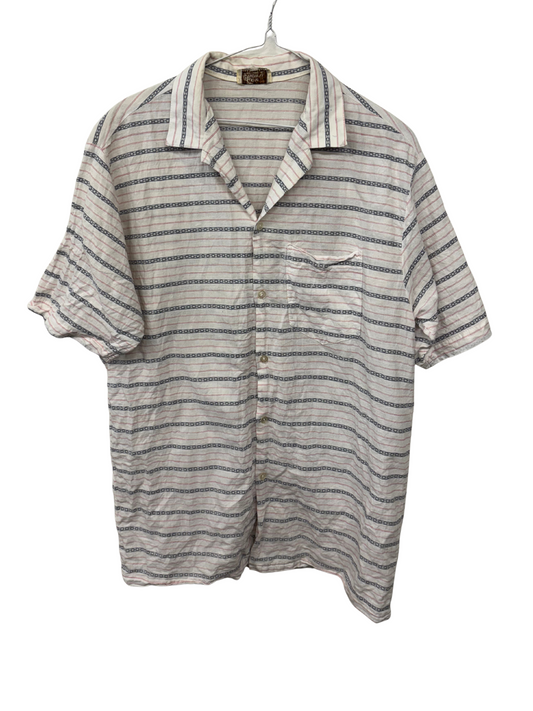 Vintage White, Blue, Red Striped Short Sleeve Button Up Shirt