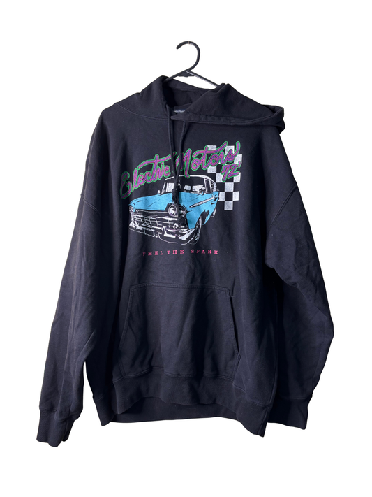Black Oversized Long Hoodie with Blue Car Logo