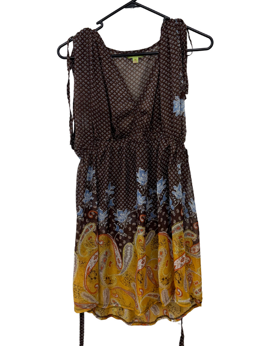 00s Brown & Yellow Sheer Paisley Sleeveless Drawstring Dress/Long Top