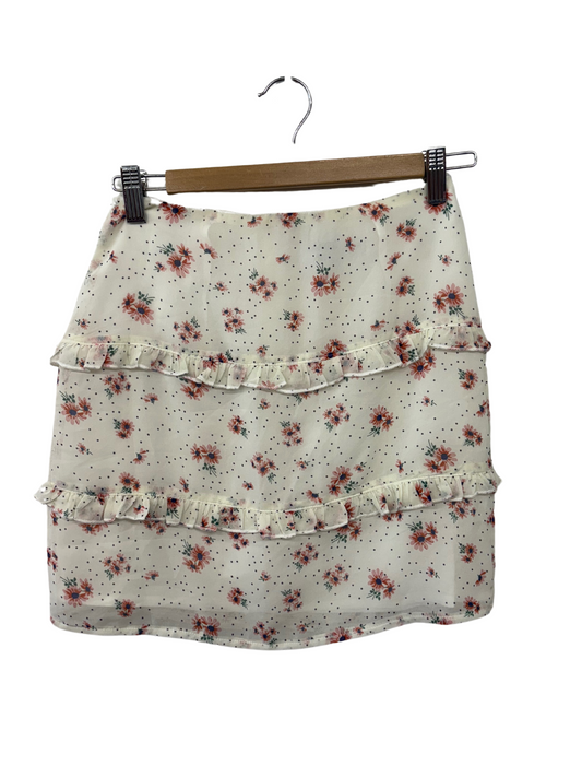 Cream & Black Dot Ruffle Mini Skirt with Floral Pattern