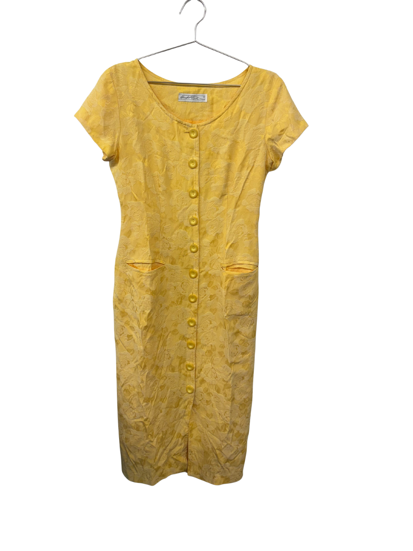 Vintage Yellow Floral Pattern Short Sleeve Maxi Dress with Buttons