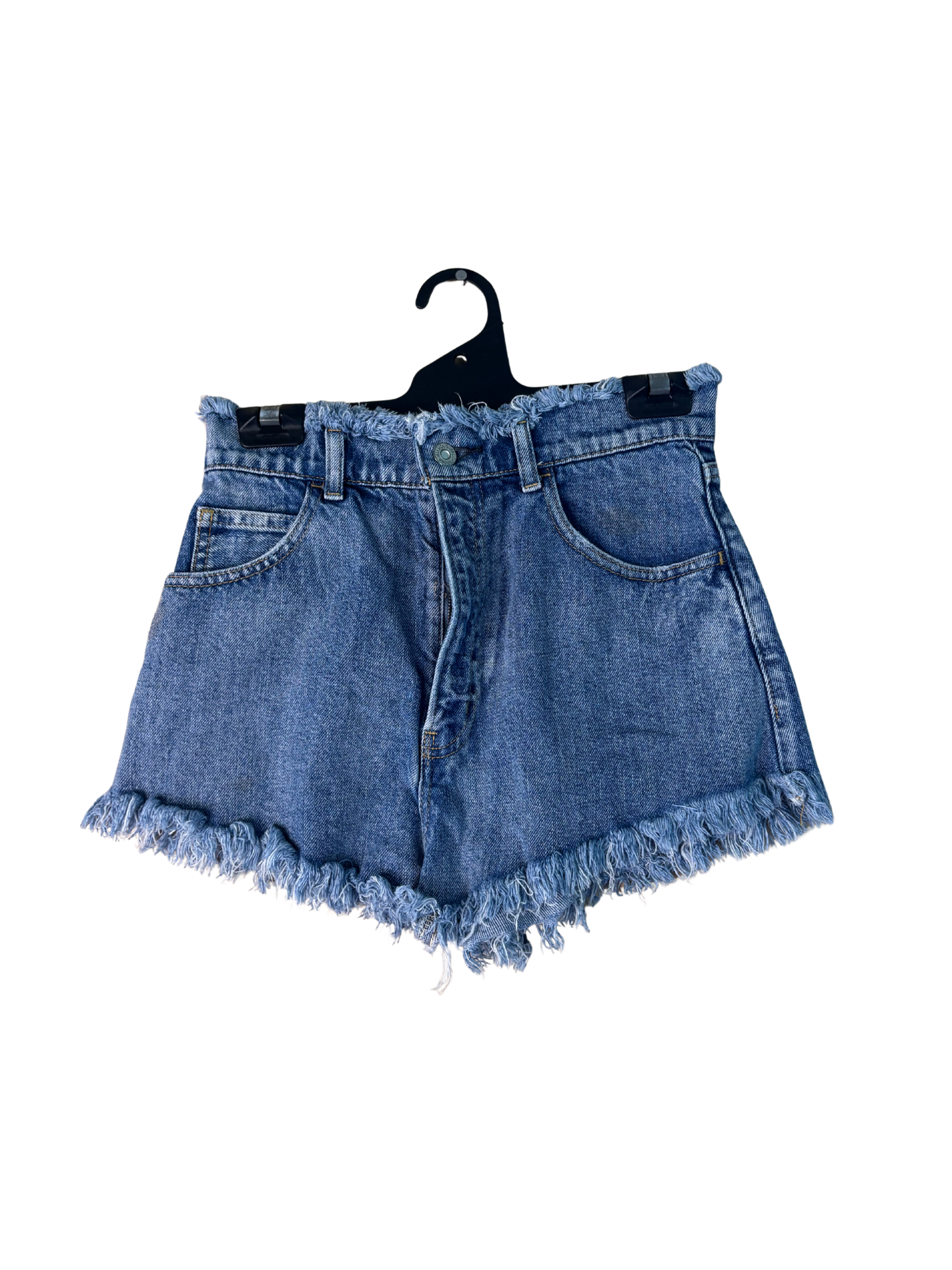 Blue Denim Highwaisted Raw Hems Shorts