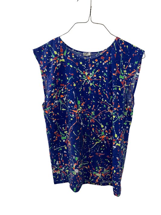 Vintage Blue & Multicolour Splatter Print Sleeveless Top