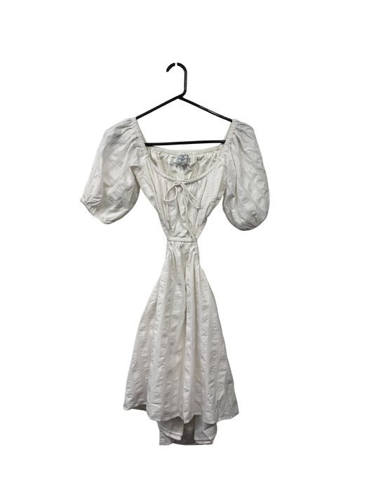 White Puff Sleeve Open Waist Textured Mini Dress