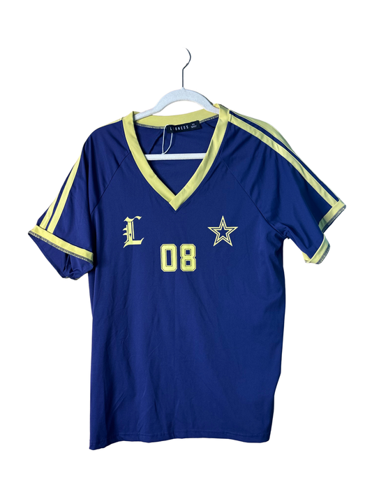 Dark Blue & Yellow Print Sports Jersey-Style Oversized T Shirt
