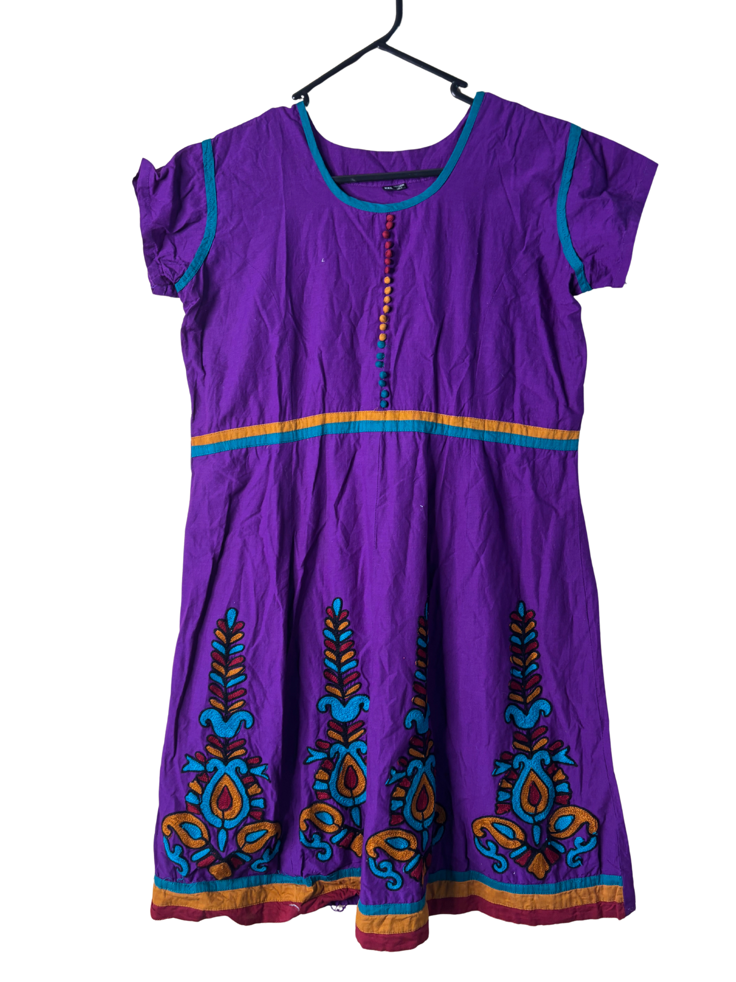 Purple Short Sleeve Dress with Floral Woven Design