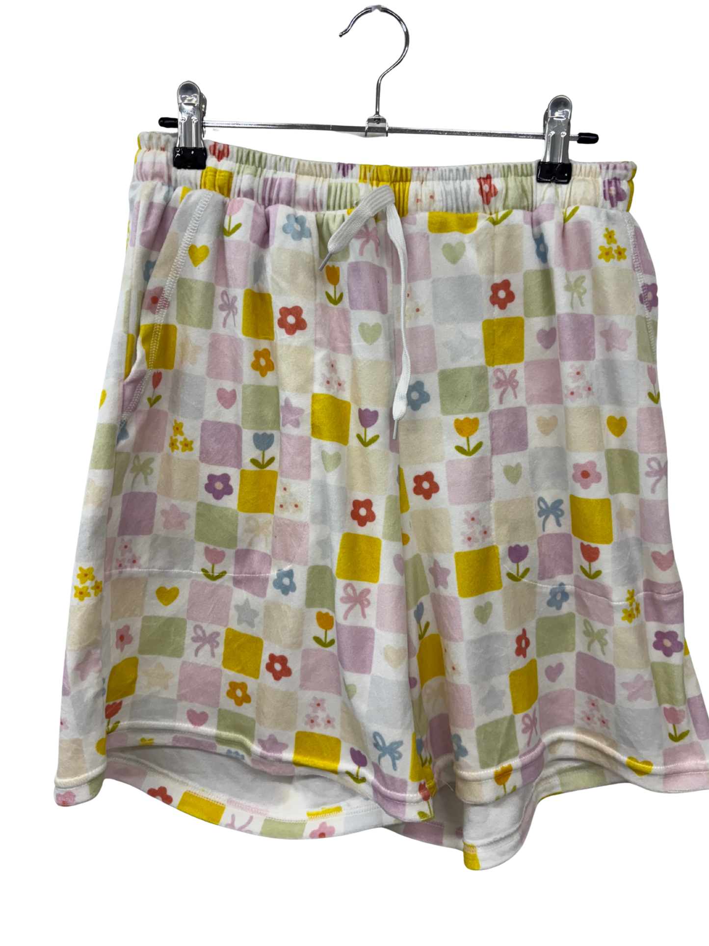 White & Pastel Multicolour Velvet Floral Pattern High Waisted Shorts