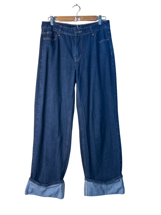 Dark Blue Denim Mid-Rise Wide Leg Jeans