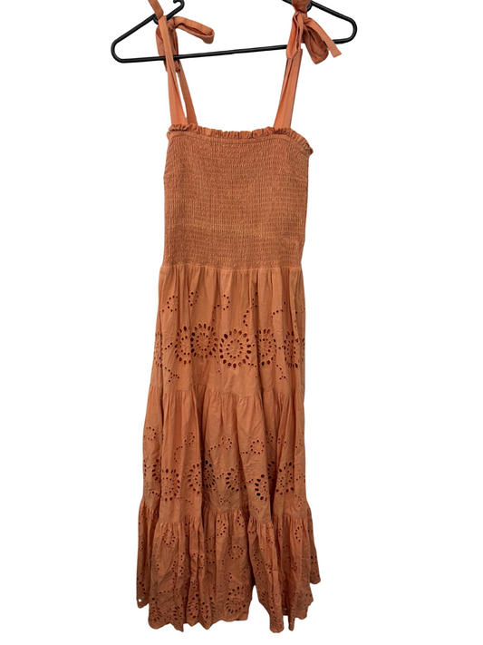 Light Orange Tie Strap Broderie Anglaise Tiered Midi Dress