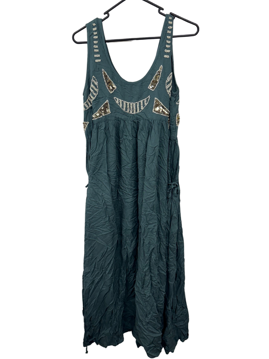 Green Sleeveless Midi Dress with White beading