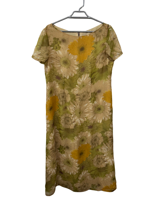 Vintage Cream, Green, Orange Floral Print Short Sleeve Maxi Dress
