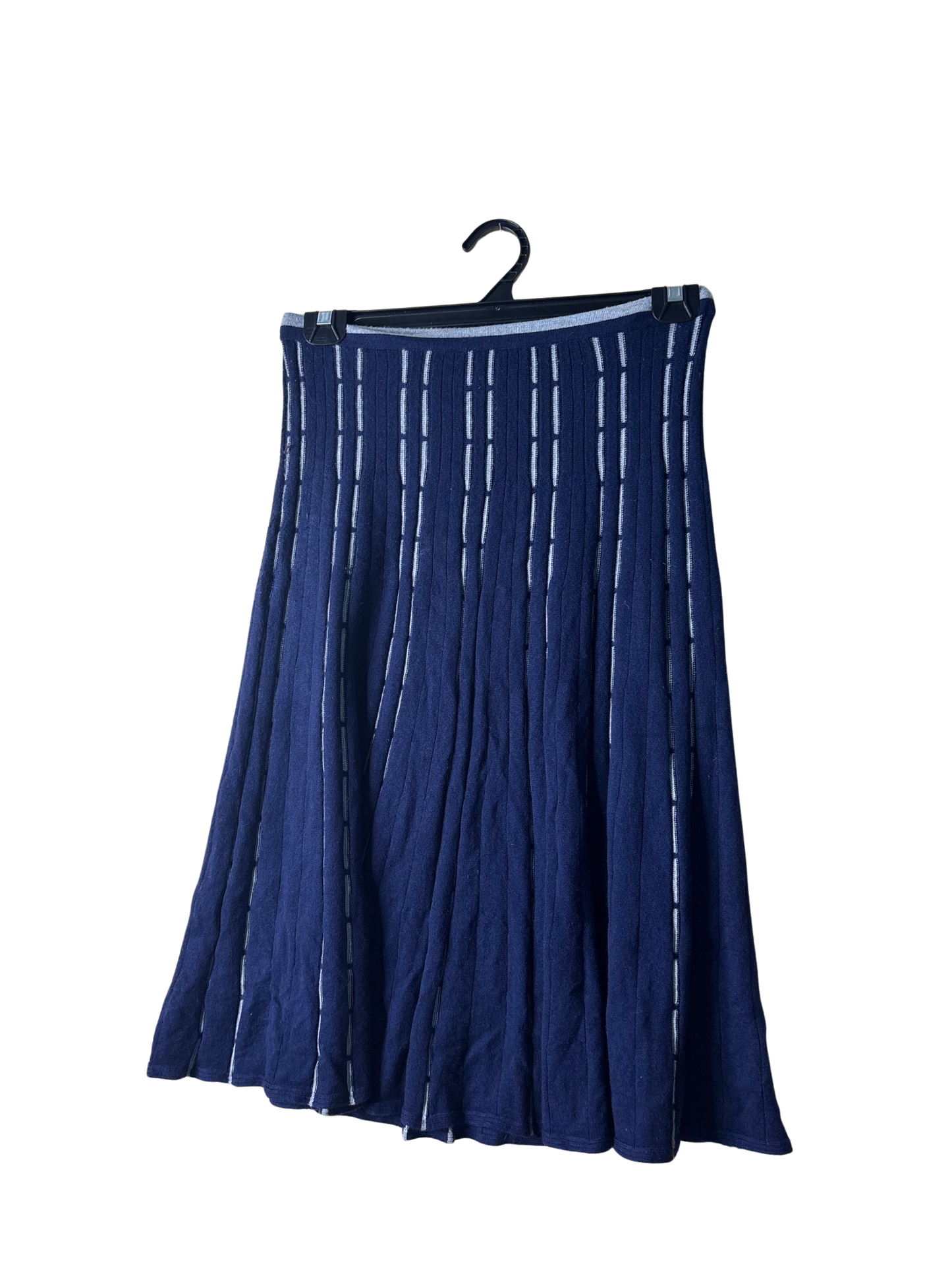 Dark Blue & Grey Knit Knee Length Pleated Skirt