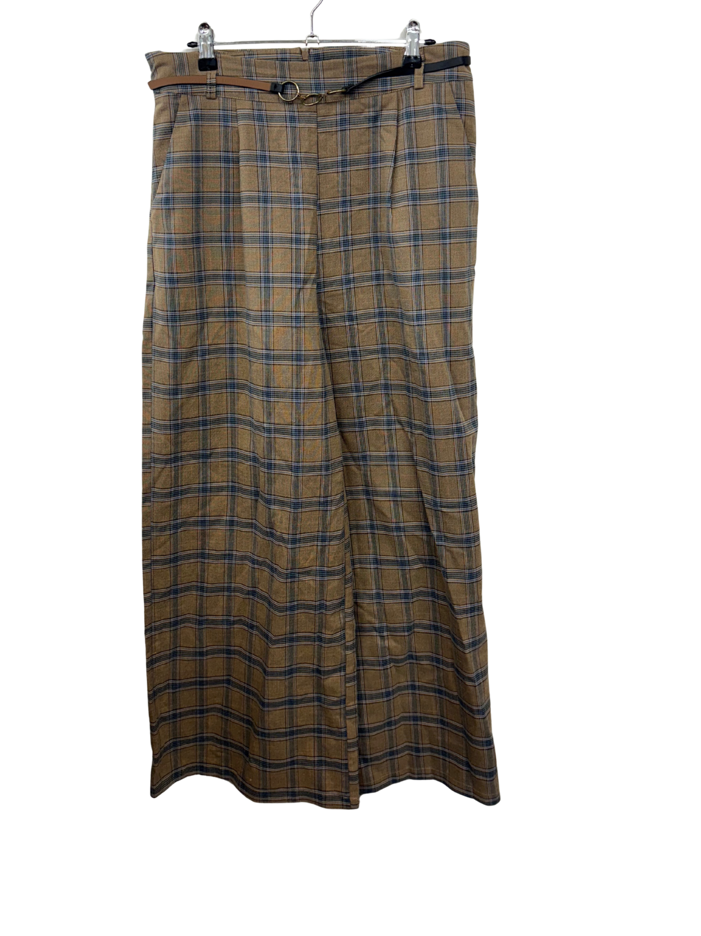 Brown, Black, Blue Check Wide Leg Pants with Belt