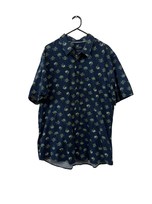 Navy Short Sleeve Textured Button Up with Palm Trees