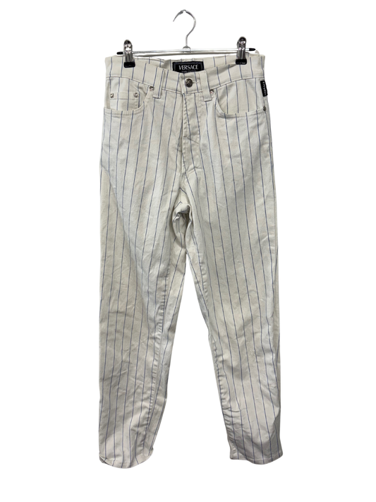 White & Blue Stripe Tapered Highwaisted Ankle Length Jeans
