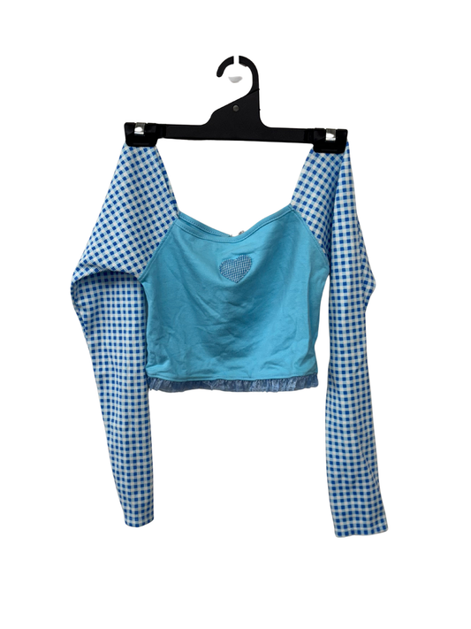 Blue Check Crop Long Sleeve Top