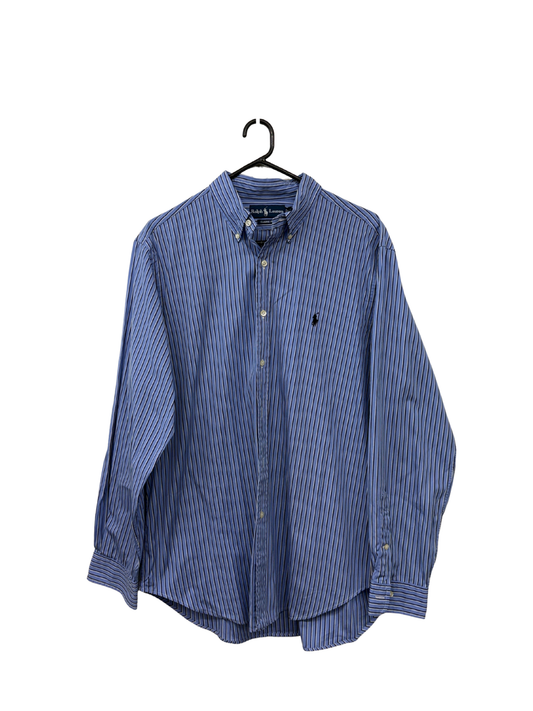 Blue, Black & White Striped Long Sleeve Button Up Shirt