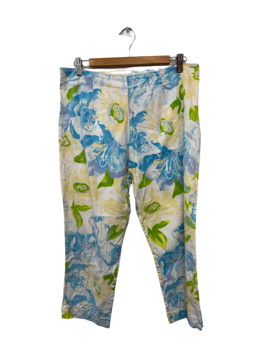 00s White, Yellow, Blue, Green Floral Print Highwaisted 3/4 Pants