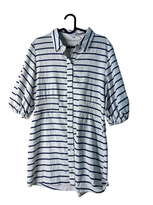 White & Blue Stripe Half Puffy Sleeve Short Dress