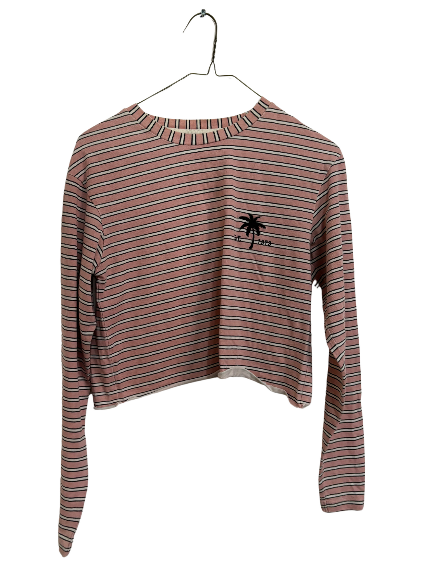 Light Pink, Black & White Striped Cropped Long Sleeve Top