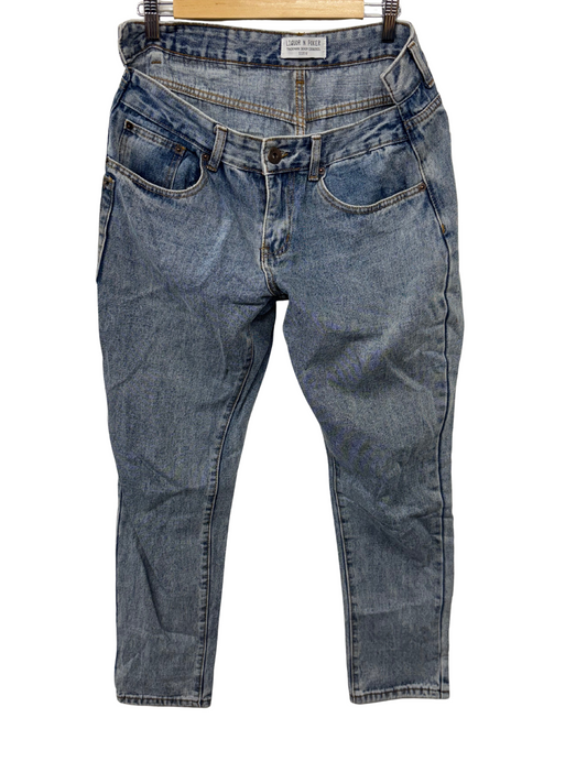 Blue Acid Wash Asymmetrical Waist Tapered Mid-Rise Fitted Jeans