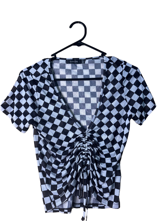 Black & White Check Short Sleeve Sheer Ruched Top