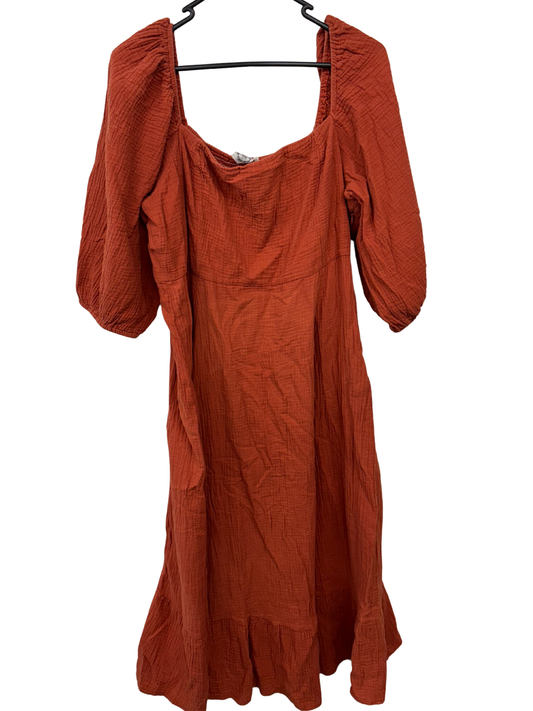 Orange Puffy Sleeve Midi Dress
