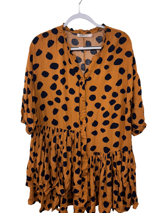 Orange & Navy Spotted Print Long Sleeve Short Dress