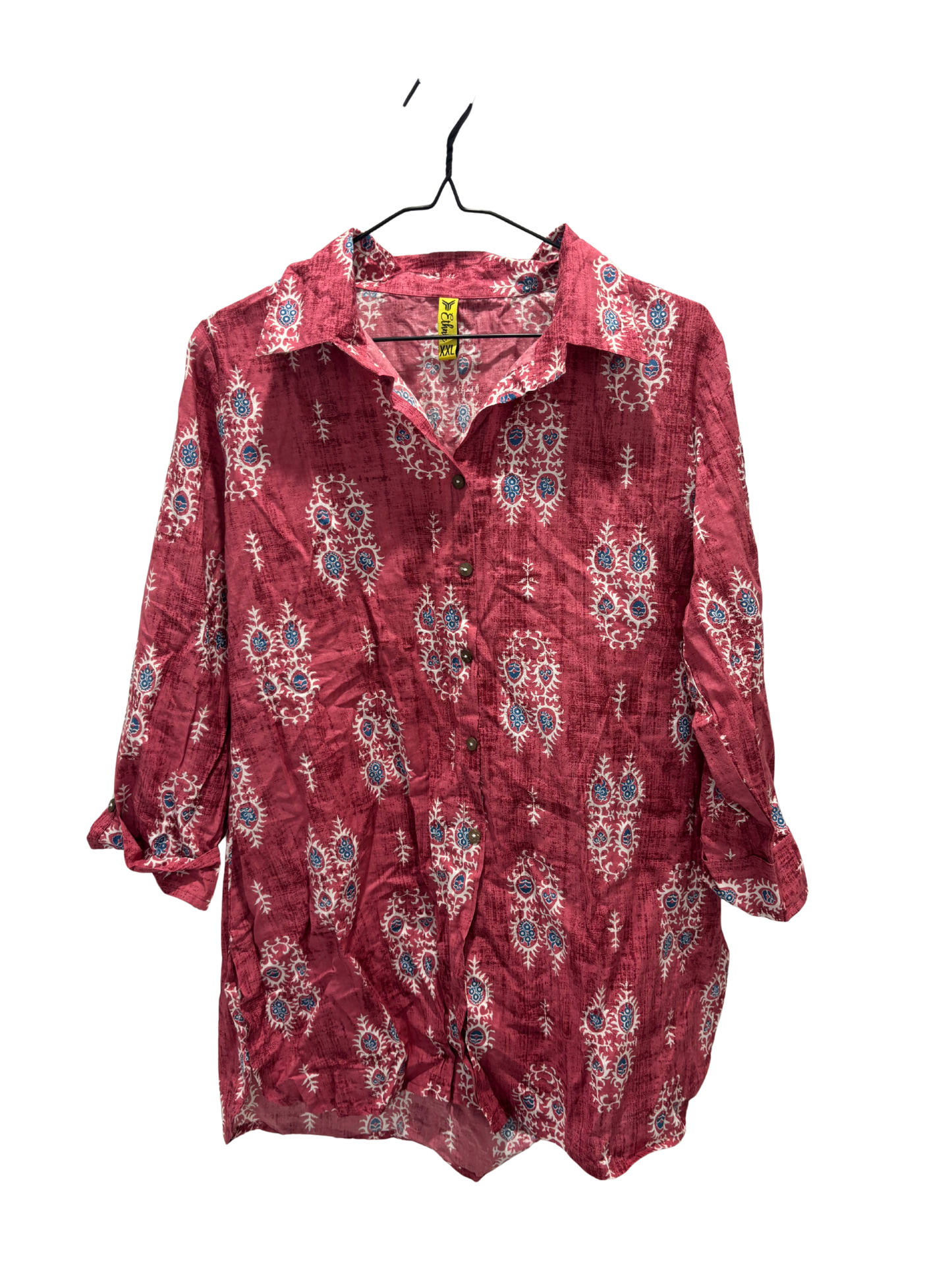 Dark Red, Blue White Print 3/4 Sleeve Button Up Long Shirt with Side Splits