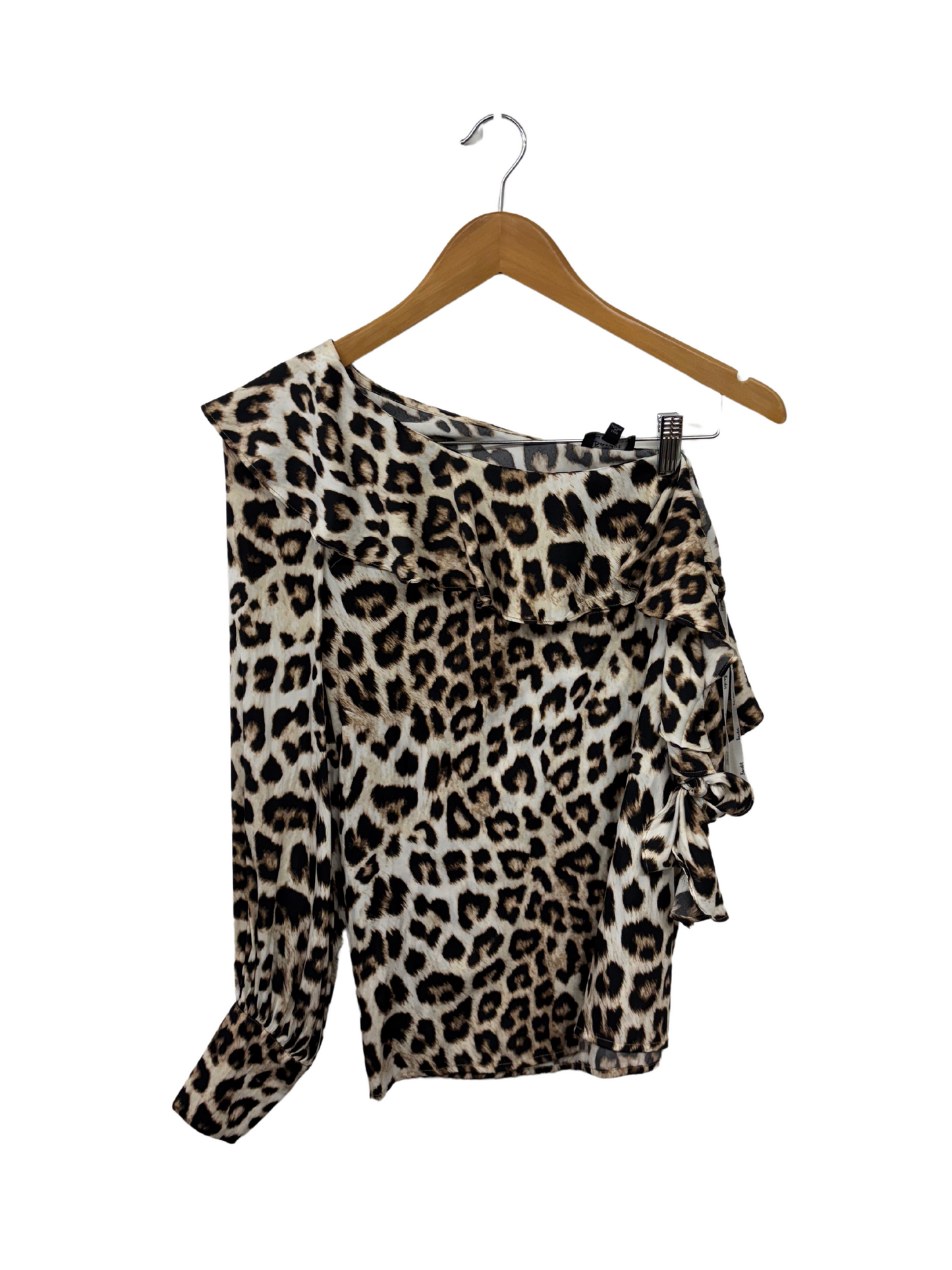 Cream & Brown Leopard Print One Shoulder Long Sleeve Ruffle Top