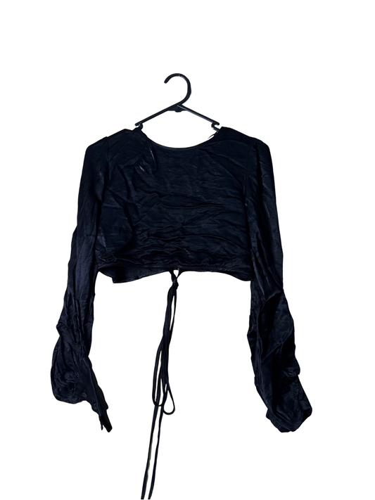 Black Crop Long Sleeve Balloon Top with Tie Keyhole Back