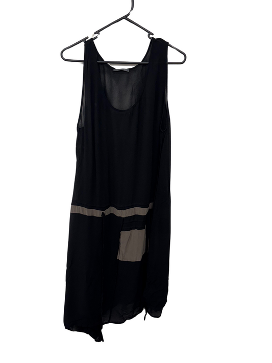 Black Thin Strap Sheer Short Dress with Brown Panels