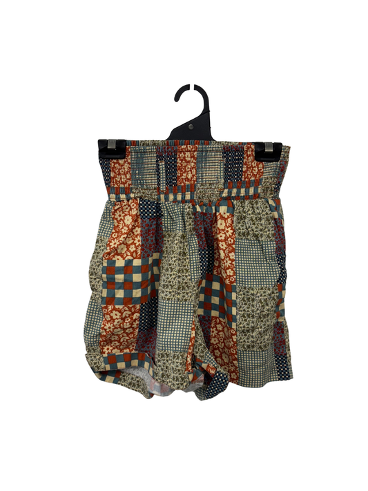Green, Cream, Red Patchwork Highwaisted Shirred Waist Shorts
