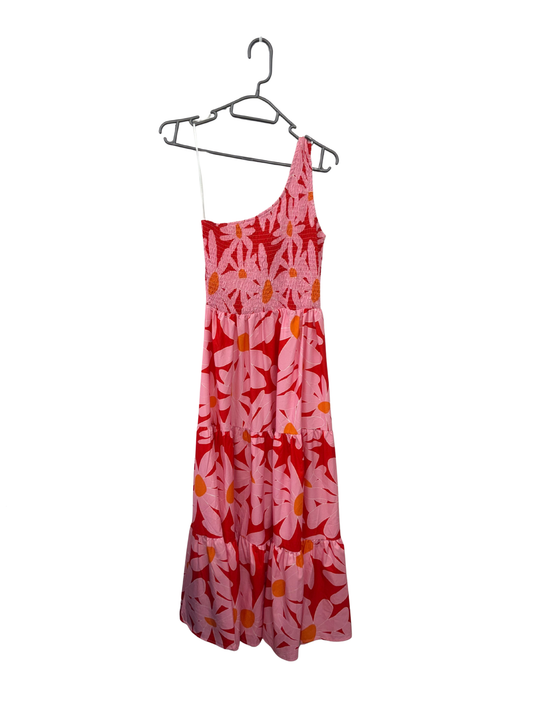Pink, Red & White Large Floral Print One Shoulder Midi Dress