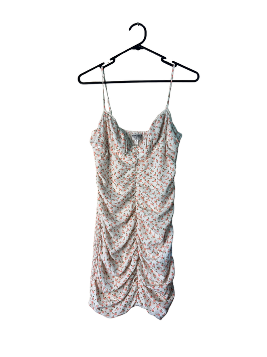 White, Pink, Green Floral Print Strappy Ruched Short Dress