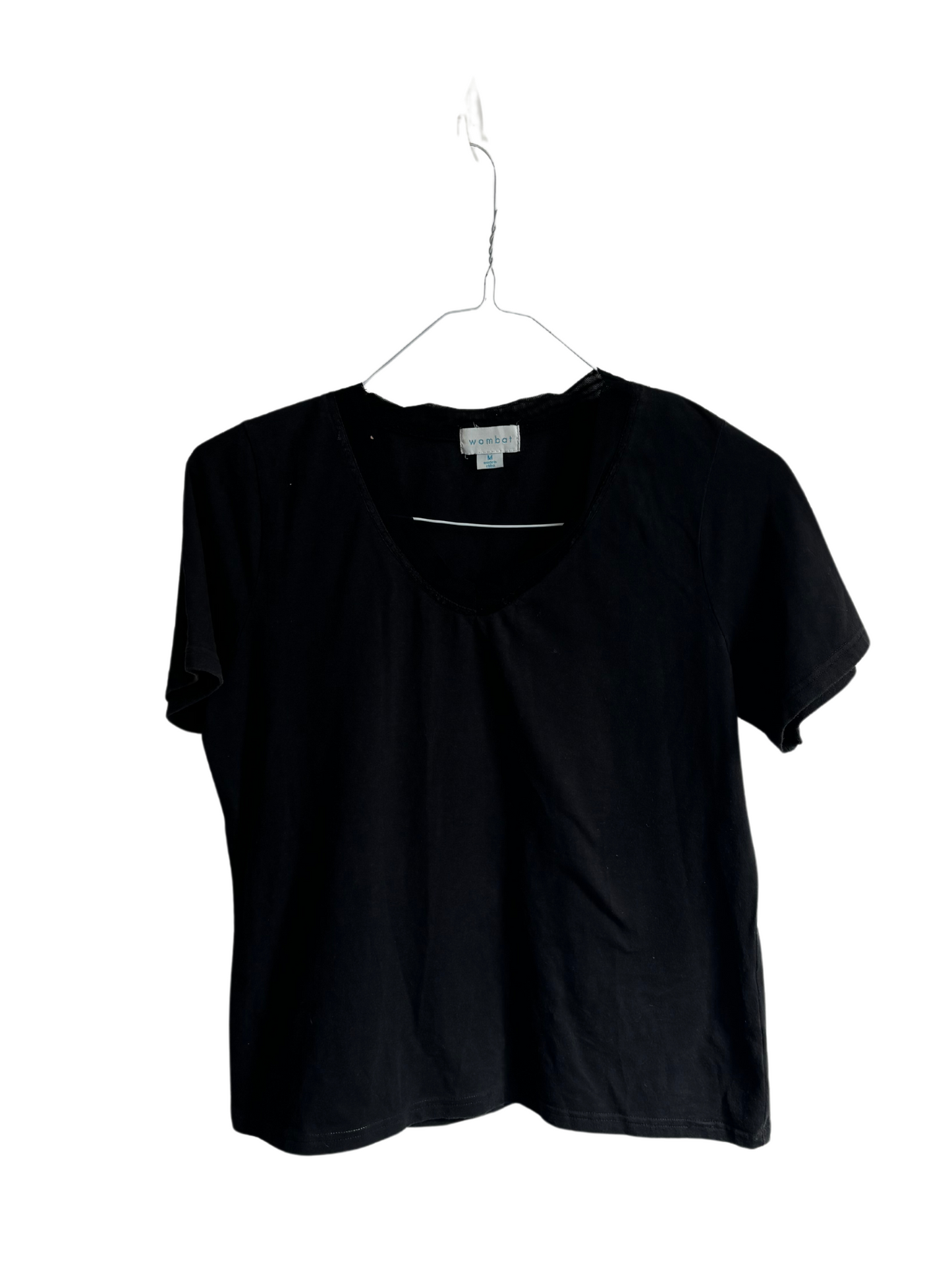 Black Short Sleeve V Neck Shirt with Mesh Collar