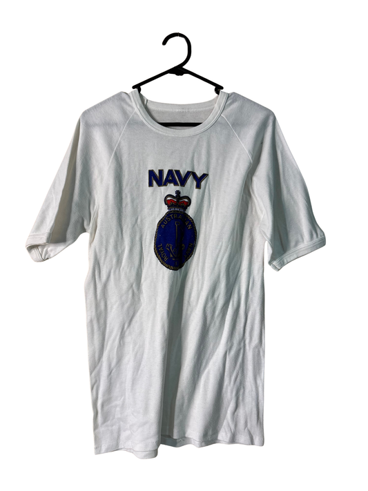 Vintage White Short Sleeve T Shirt with 'Navy' Logo