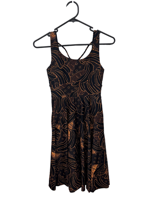 Black & Orange Banana Print Strappy Knee Length Dress
