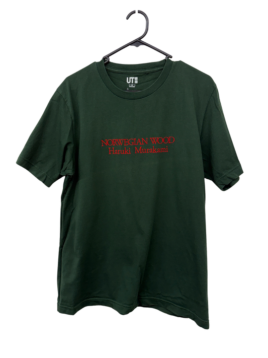 Green T-Shirt with Red Embroidered Text