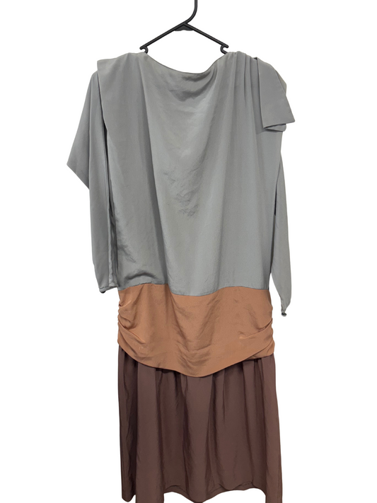80s Grey & Pink Drop Waist Long Sleeve Dress